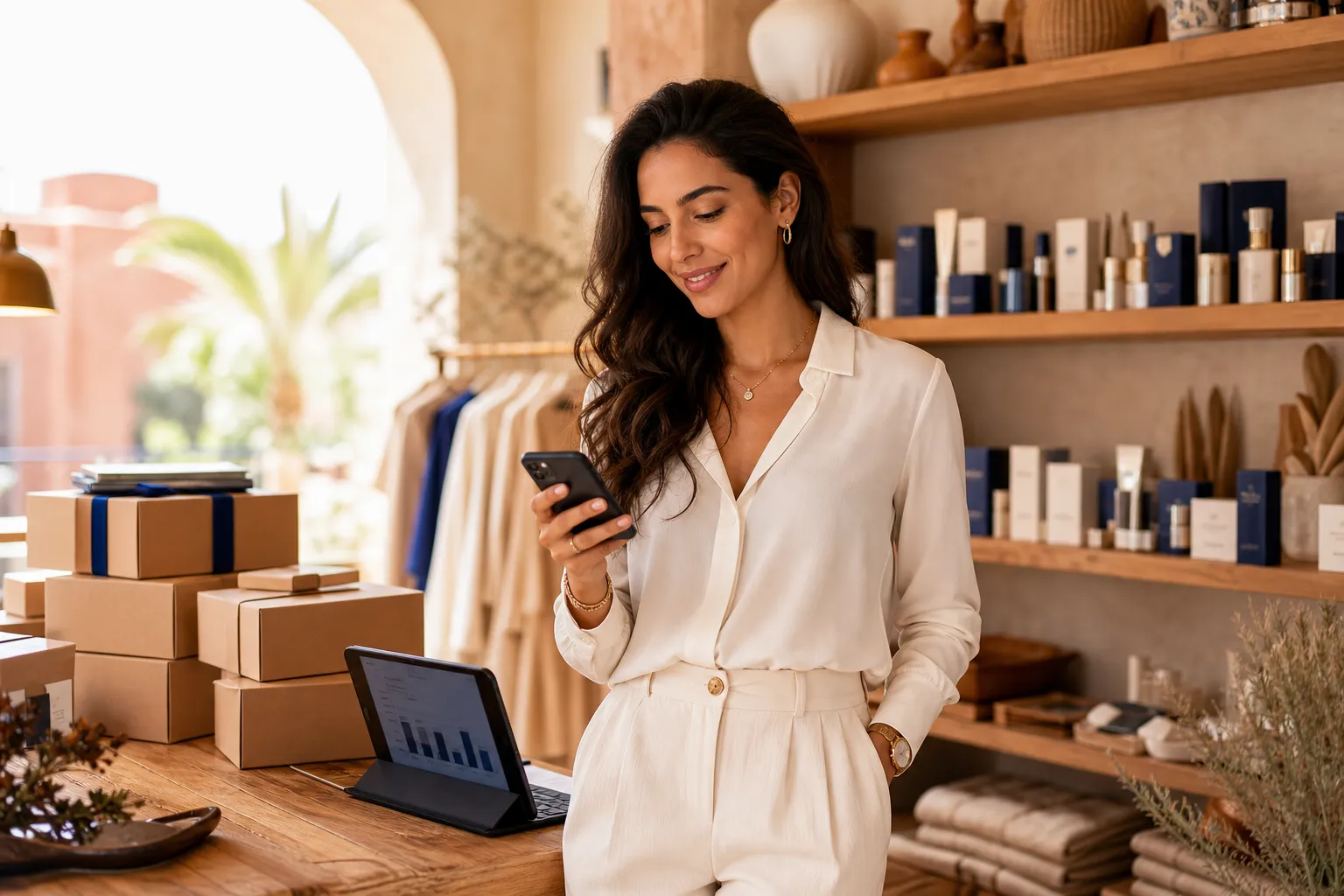 Illustration d’une boutique et de son activité en ligne